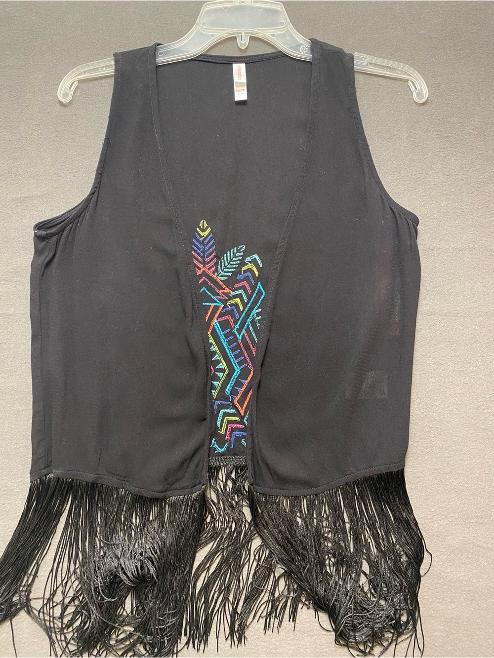 Xhilaration Black Fringe Vest with Multicolor Embroidery XS NWT
